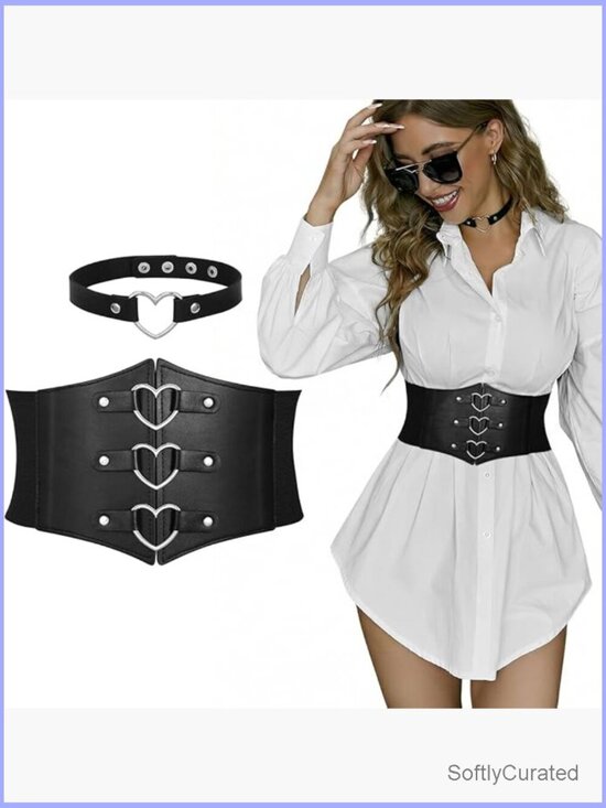 Wide Elastic Faux Leather Corset Belt with Choker Set main image 7